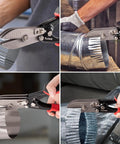 Toolwiz 5-blade sheet metal crimping tool, front view, 10-1/2 in length, stainless finish
Toolwiz 5-blade sheet metal crimping tool, side view, for 24-26 gauge duct downspout and stove pipe
Toolwiz 5-blade sheet metal crimping tool, close-up of jaws showing 5 blades
Toolwiz 5-blade sheet metal crimping tool, installed on round galvanized duct during crimping