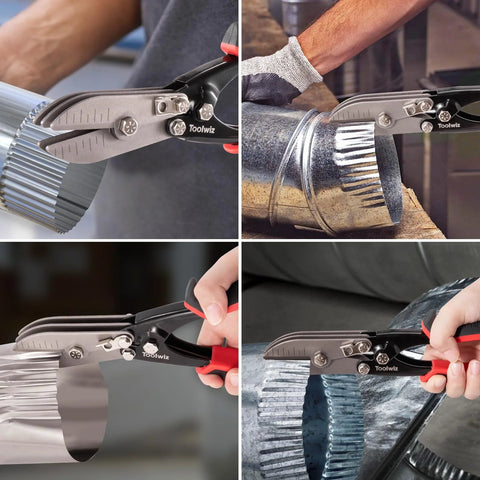 Toolwiz 5-blade sheet metal crimping tool, front view, 10-1/2 in length, stainless finish
Toolwiz 5-blade sheet metal crimping tool, side view, for 24-26 gauge duct downspout and stove pipe
Toolwiz 5-blade sheet metal crimping tool, close-up of jaws showing 5 blades
Toolwiz 5-blade sheet metal crimping tool, installed on round galvanized duct during crimping