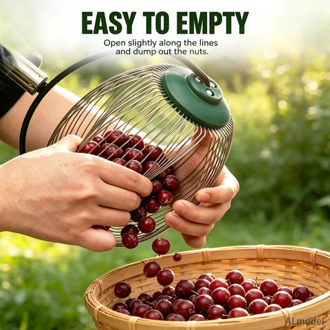 Hands using Straight Up Easy Roll Pine Cone Picker Upper With Telescoping Handle and Wide Steel Basket to empty nuts into a basket.