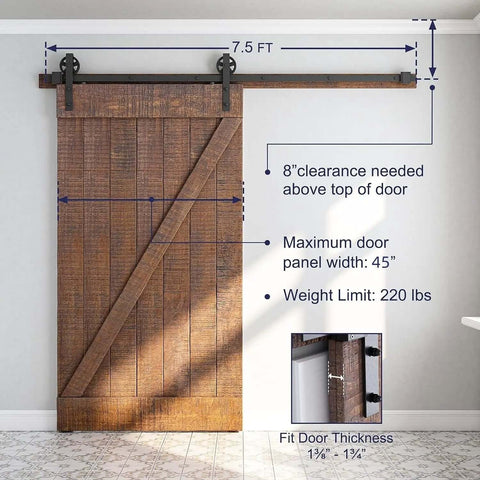 Diagram of Heavy Duty Seven Point Five Foot Sliding Barn Door Hardware Kit Black With Industrial Bigwheel Hangers installed on door