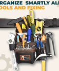 Premium Leather Tool Bag Pro 505 with Oil Tanned Grain Leather 13 Pockets and Belt, tools organized for carpenters and builders.