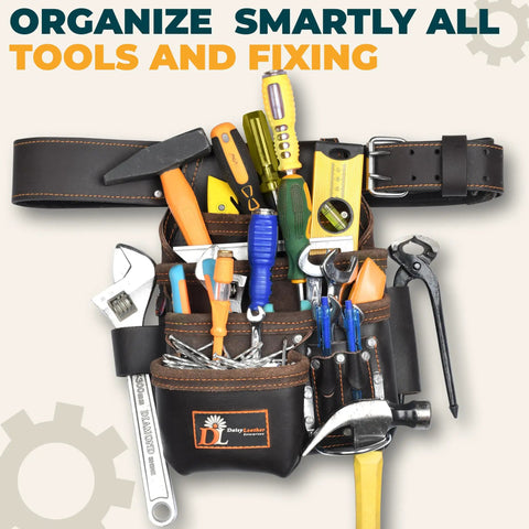 Premium Leather Tool Bag Pro 505 with Oil Tanned Grain Leather 13 Pockets and Belt, tools organized for carpenters and builders.