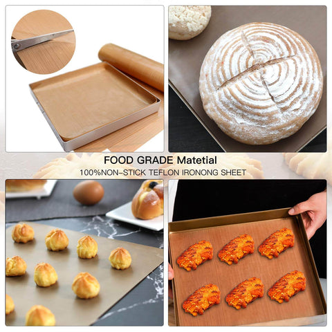 3 Pack Non Stick PTFE Sheets For Heat Press 12 By 16 Inches Heat Transfer Mats shown with baked goods