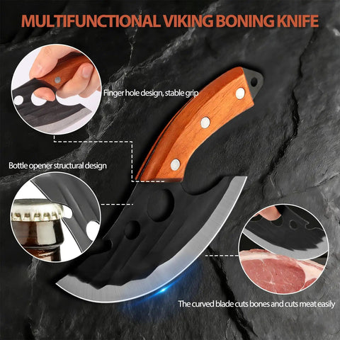Two Piece Meat Cleaver Knife Set Steel Cleaver And Viking Style Boning Knife with leather sheath details on grip and blade design