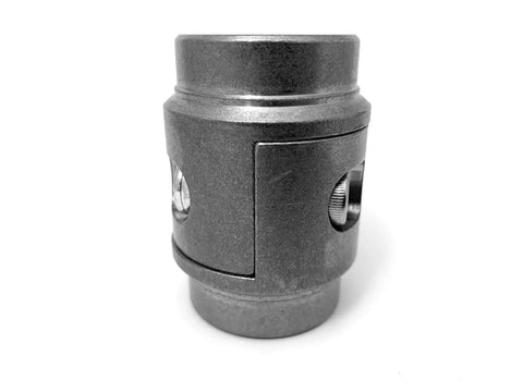 Straight Shot 1 1/2 Inch Tube Connector Adapter Weld Fabrication Bung With Versaslot Nut Holder Easy Grip For Hot Rod Rig and Custom Car Whips Built To Rock Made In USA, side view of durable metal connector.