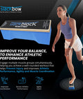 Woman balancing on blue Slackblock, text highlights benefits of balance training for athletes. All In One 15 Inch Balance Trainer For Athletes Boost Balance, Agility, And Stability, Prevent Injuries, Full Body On The Go Workouts, Made In USA, Compact And Portable, Elevate Baseball, Basketball, Tennis, Running, And Pickleball.