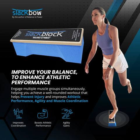 Woman balancing on blue Slackblock, text highlights benefits of balance training for athletes. All In One 15 Inch Balance Trainer For Athletes Boost Balance, Agility, And Stability, Prevent Injuries, Full Body On The Go Workouts, Made In USA, Compact And Portable, Elevate Baseball, Basketball, Tennis, Running, And Pickleball.