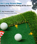 Detail view of Floating Golf Green for Pool, showing 1.6in grass edge with two golf balls, ideal for poolside practice, backyard play.