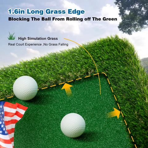 Detail view of Floating Golf Green for Pool, showing 1.6in grass edge with two golf balls, ideal for poolside practice, backyard play.