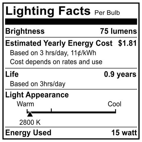 Lighting facts label for 15 Watt Salt Lamp Replacement Bulb For Himalayan Salt Lamps And Decor E12 Socket C7 Base Lit Warm White Glow For Chandeliers Wax Warmers Night Lights Long Lasting Incandescent 12 Pack, showing brightness, energy use, and light appearance.