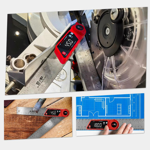 Rock Solid Digital Angle Finder With Built In Miter And Bevel Calculator 7 Inch LCD Screen on table saw measuring angles.