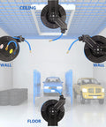Mounting options for Retractable Air Hose Reel With Three Eighths Inch By Fifty Foot Hybrid Hose, showcasing ceiling, wall, and floor mounts