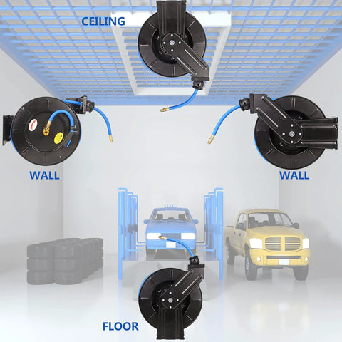 Mounting options for Retractable Air Hose Reel With Three Eighths Inch By Fifty Foot Hybrid Hose, showcasing ceiling, wall, and floor mounts