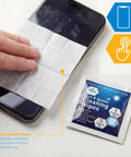 MED PRIDE Lens and Screen Cleaning Wipes packet beside a smartphone, 1 pre-moistened wipe, Amazon brand