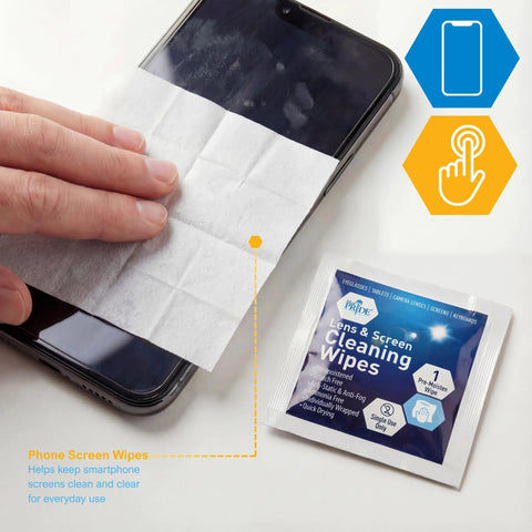 MED PRIDE Lens and Screen Cleaning Wipes packet beside a smartphone, 1 pre-moistened wipe, Amazon brand
