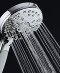 High Pressure 6 Setting Luxury Handheld Shower Head With Extra Long 6 Foot Stainless Steel Hose Anti Clog Jets And Anti Slip Grip Boss Grade Wall Bracket Included Chrome Finish spraying water