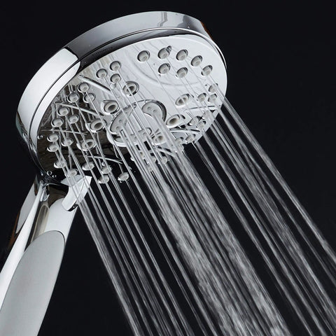 High Pressure 6 Setting Luxury Handheld Shower Head With Extra Long 6 Foot Stainless Steel Hose Anti Clog Jets And Anti Slip Grip Boss Grade Wall Bracket Included Chrome Finish spraying water