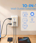 No Cap Wall Mount Power Strip With 6 Widely Spaced Outlets And 4 Rapid Charge USB Ports Includes Chill Night Light And Heavy Duty Surge Protection For Your Entire House, mounted on wall with devices.