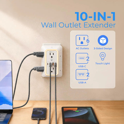 No Cap Wall Mount Power Strip With 6 Widely Spaced Outlets And 4 Rapid Charge USB Ports Includes Chill Night Light And Heavy Duty Surge Protection For Your Entire House, mounted on wall with devices.