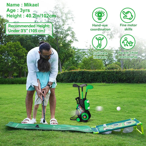 Toddler Golf Club Set For Little Legends Ages One To Four Featuring Retractable Mini Drivers safe chunky plastic balls plus portable carry bag in use.