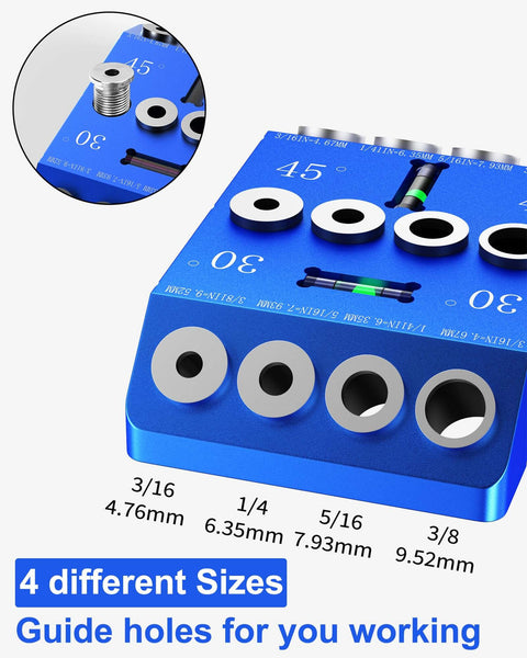 Aluminum Angle Drill Guide Jig with 30 45 90 Degree Settings showing bubble level and multiple guide holes for woodworking