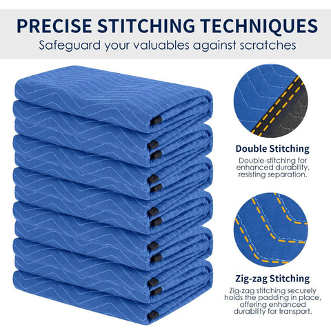Stack of Ultra Large 80 By 72 Inch Moving Blankets 12 Pack Beefy Heavy Duty Furniture Pads, blue with precise double and zig-zag stitching.