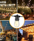 Collage of 96Ft Solar String Lights Outdoor Waterproof with Shatterproof Edison Bulbs for Patio Camping Backyard in various settings.