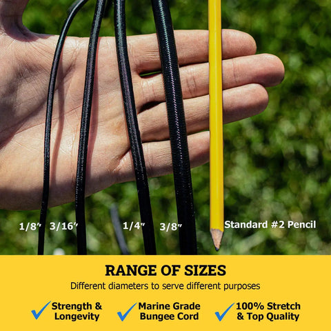 Comparison of bungee cord diameters with 1/8", 3/16", 1/4", and Heavy Duty Marine Grade Bungee Cord Three Eighths Inch By One Hundred Feet Neon Orange Durable Dacron Polyester Shock Cord For DIY Tie Downs And Commercial Use Industrial Strength Weather Resistant Long Lasting Stretch next to pencil.