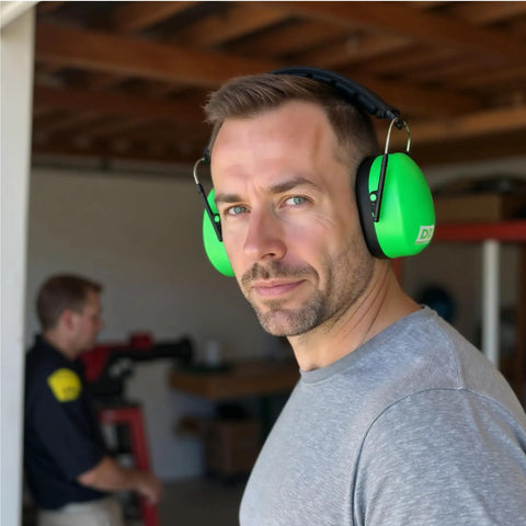 Man wearing Professional Safety Ear Muffs With 37 dB NRR For Shooting And Industrial Use, showing comfort fit and cushioned headband.