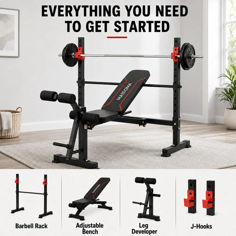 All-In-One Adjustable Weight Bench With Leg Extension And Curl, Foldable Flat Incline Decline Bench Press Squat Rack for home gym