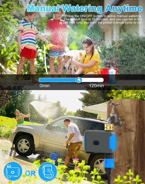 WiFi Sprinkler Timer With Bluetooth Hose Timer, Programmable Outdoor Irrigation System in use, showing manual watering.