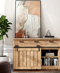Wooden cabinet with Bypass Mini Barn Door Hardware Kit With Double Sliding Rollers In Black Powder Coat installed