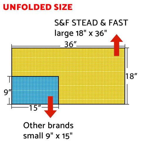 Unfolded size illustration of Premium Anti Static Tack Cloths 18" x 36", comparing to other brands at 9" x 15".