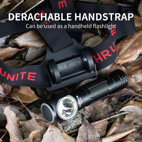 Long Throw Headlamp With 323 Meter Beam for Long Range Vision and 1755 Lumen Rechargeable LED on forest ground with detachable strap