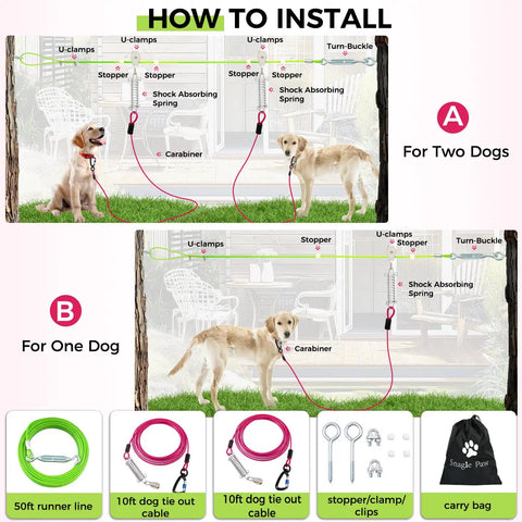 Beefy Heavy Duty Dog Runner With 150Ft Tie Out Cable And Dual 10Ft Lines For Large Dogs Up To 250lbs Aerial Zip Line Trolley System