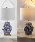Blue And White Ginger Jar Ceramic LED Table Lamp With Gold Base And White Linen Shade in living room setting
