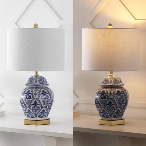 Blue And White Ginger Jar Ceramic LED Table Lamp With Gold Base And White Linen Shade in living room setting