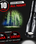 Beefy 3000 Lumens Small LED Flashlight 4 Pack With 5 Modes Zoomable Water Resistant, shining in forest, batteries not included.