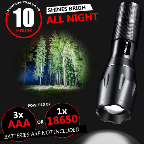 Beefy 3000 Lumens Small LED Flashlight 4 Pack With 5 Modes Zoomable Water Resistant, shining in forest, batteries not included.