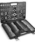 Pro Grade Gear 110 Piece Tap And Die Set For Metric Threading M2 To M18 With Case Includes 70 Taps And 35 Dies Two Tap Wrenches Two Die Wrenches T Handle Tap Wrench Perfect For Internal And External Threading And Rethreading displayed in open case