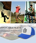 Collage showing outdoor activities with royal blue ponytail baseball hat suitable for sports and travel, 'No Crying' print visible.