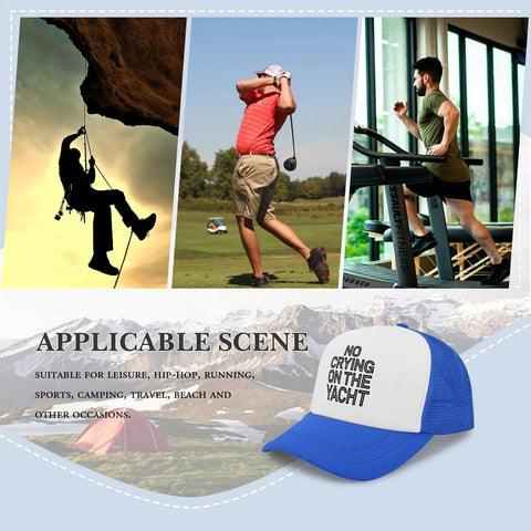 Collage showing outdoor activities with royal blue ponytail baseball hat suitable for sports and travel, 'No Crying' print visible.