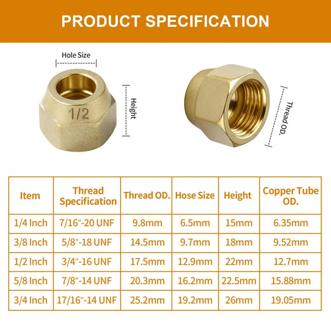 Top Tier Premium Brass Flare Nut Set Three Eighth Size detailed specifications including hole size, height, and thread dimensions.