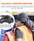 Person wearing Skullerz 8941 Mesh Dreadlock Tube and Bump Cap Insert Black Large X Large for work safety and hair containment.