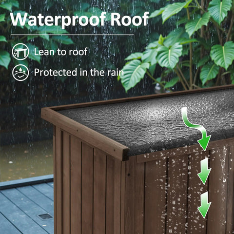 Outdoor Storage Cabinet For Yard And Patio with waterproof sloping roof, rain protection shown, wooden garden shed corner.