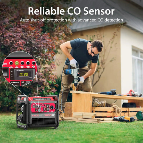 Man using Dual Fuel Portable Inverter Generator 4400-Watt with CO Sensor for home projects outside