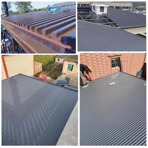 Built Tough As Nails All Weather Roofing Panels And Insulated Ceiling Tiles For Sheds Pergolas And Detached Garages Featuring Hardcore Aluminum Cladding In Fully Custom Sizes on rooftops from different angles.