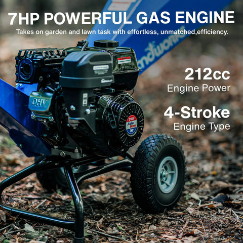 Close-up of Beast 7HP Gas Powered Wood Chipper Shredder Mulcher engine on forest ground showing 212cc 4-stroke engine details