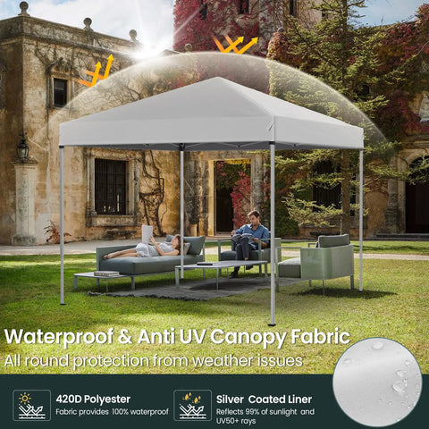 Easy Up 10x10 Pop Up Canopy Tent With Heavy Duty Frame Hangout Ready Beach Shade Shelter shown with waterproof UV fabric outdoors