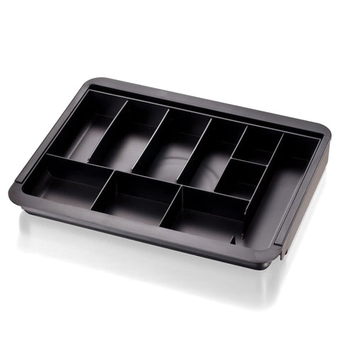 Slick Expandable Drawer Organizer Tray With Adjustable Width And Removable Dividers For Hustle Ready Desk Organization In Smooth Recycled Black Plastic Finish, top view showing separate compartments.